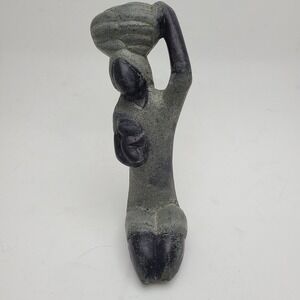 Vintage African Folk Art Hand-Carved Stone Sculpture - Kneeling Woman w/ Baskets